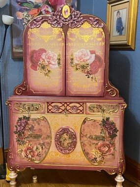 Hand-Painted Floral Pink & Gold Cabinet